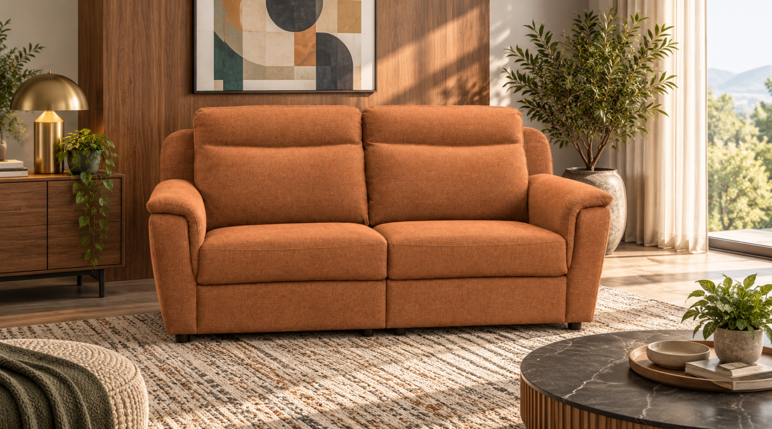 Soggiorno moderno con divano terracotta